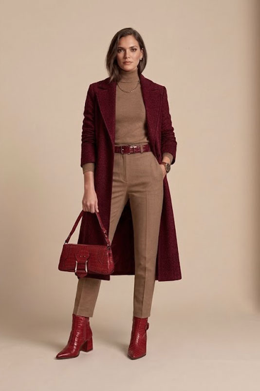 Women's scarlet red back-buckle ankle boots with pointed toe and mid block heel - Worn view